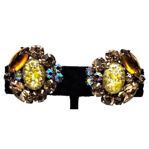 Yellow Foil Art Glass Rhinestone Earrings Autumn Colors Vintage Costume Jewelry - Picture 2 of 8